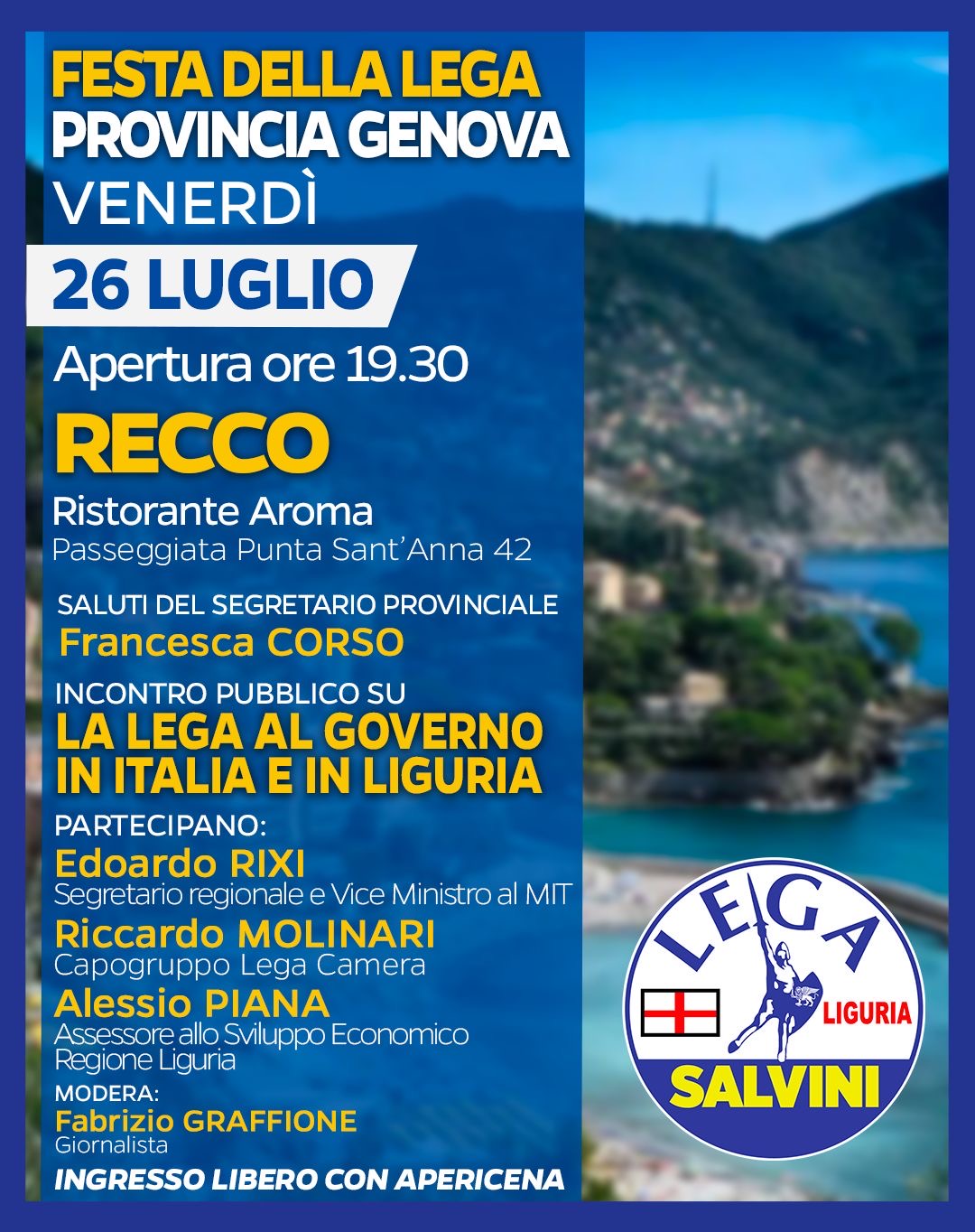 Recco, festa provinciale della Lega: apericena e incontro pubblico con Rixi, Molinari, Piana e Corso