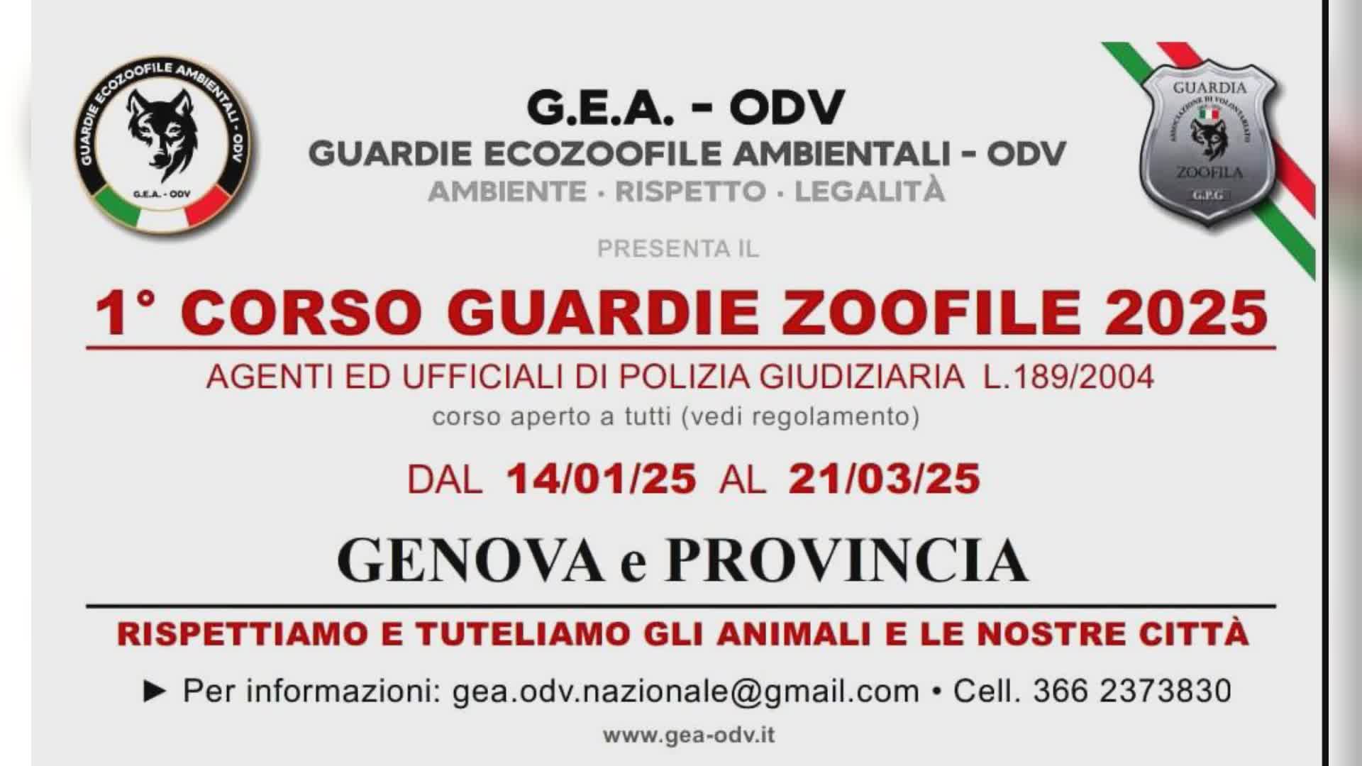 Genova: corso per guardie zoofile, si parte il 14 gennaio 2025, lezioni fino al 21 marzo