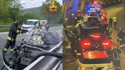 Incidente in A12, motociclista muore dopo lo schianto: auto prende fuoco, due feriti