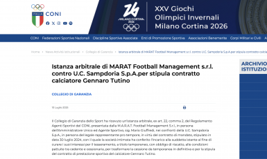 Sampdoria: tesseramento Tutino, agenzia Marat ricorre a collegio garanzia Coni contro la società blucerchiata