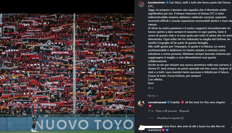 Genoa, ufficiale De Winter al Milan. Il giocatore saluta staff e tifosi: "Avrete sempre un posto speciale nel mio cuore"
