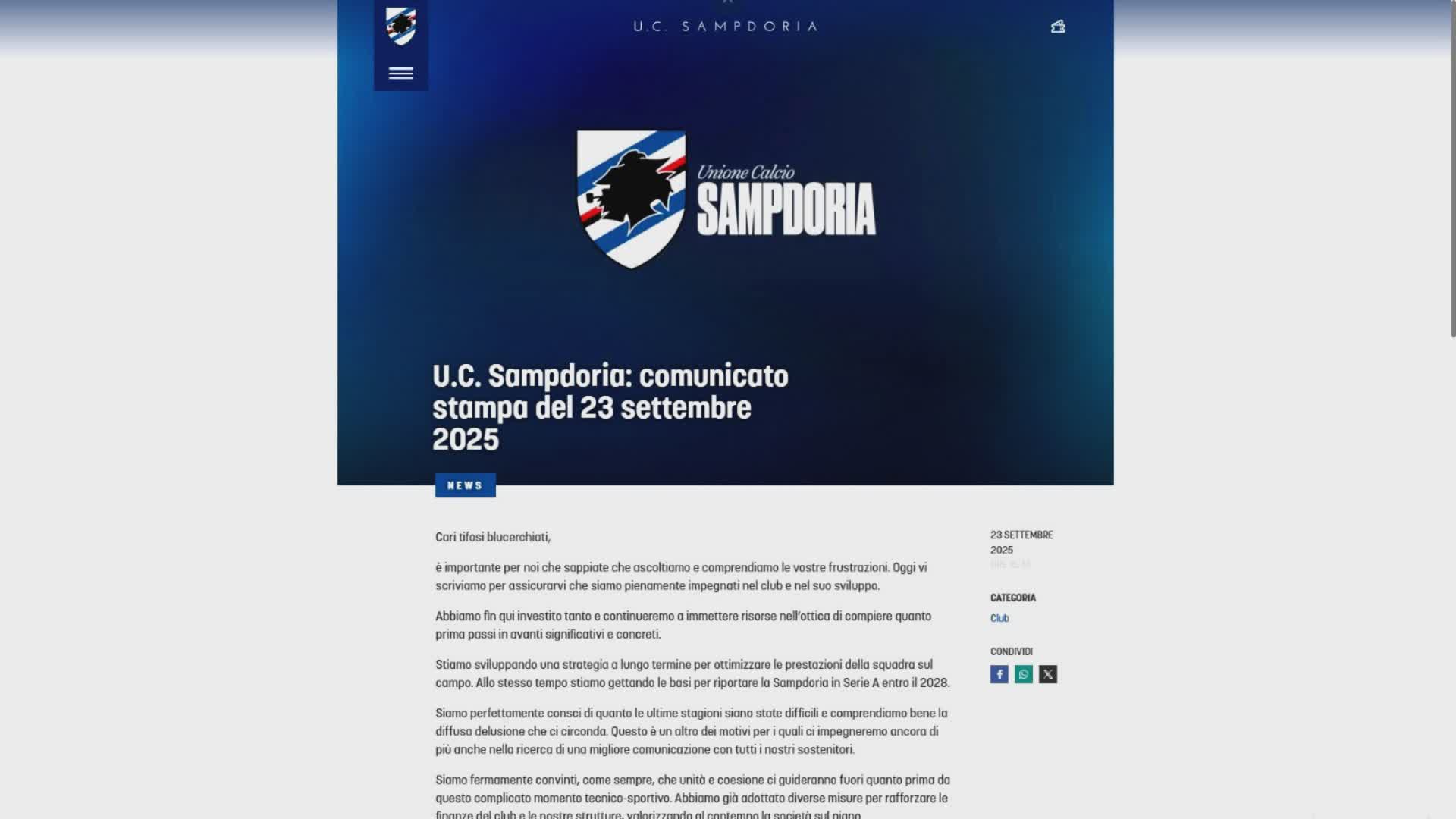 Sampdoria, ennesimo comunicato: "Cari tifosi, torneremo in A entro il 2028". Firmato Joseph Tey
