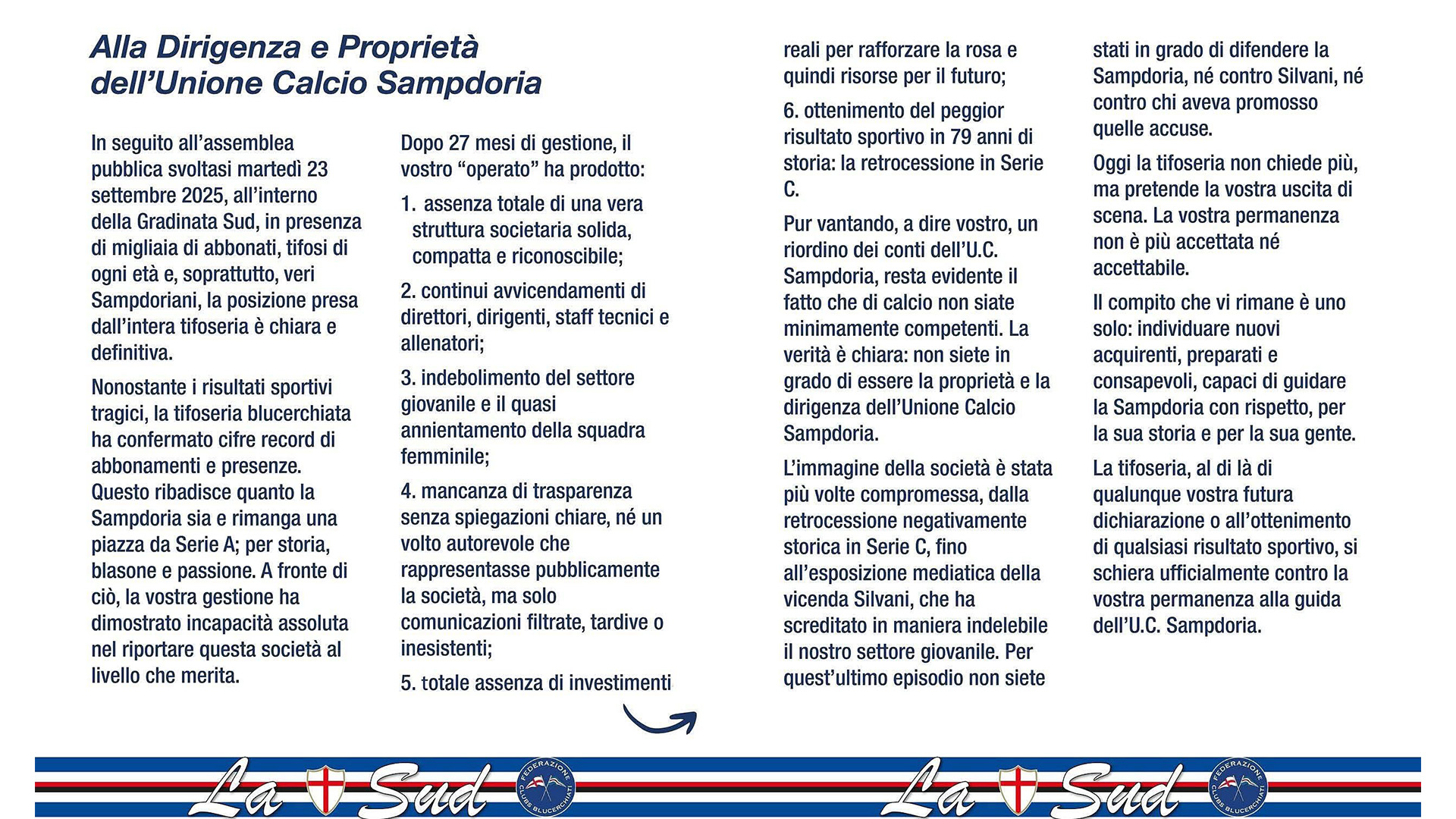 Sampdoria, ultimatum dei tifosi a Tey e Manfredi: "Non potete più restare, cercate un compratore"