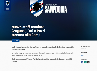 Sampdoria, ufficiale: Foti nuovo allenatore, Gregucci è il "tutor". C'è Nicola Pozzi, non Lombardo