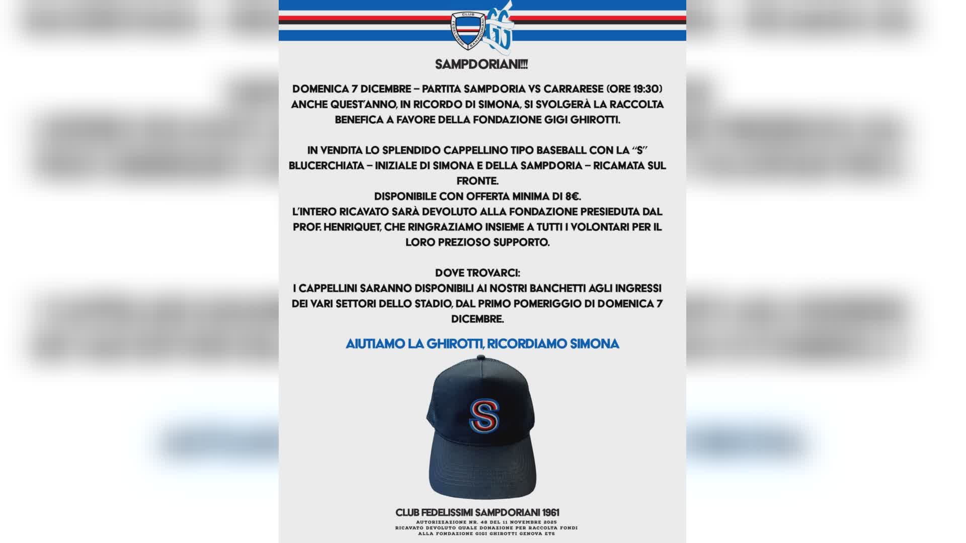 Sampdoria, il 7 dicembre in vendita i cappelli da baseball dei Fedelissimi per la "Ghirotti"
