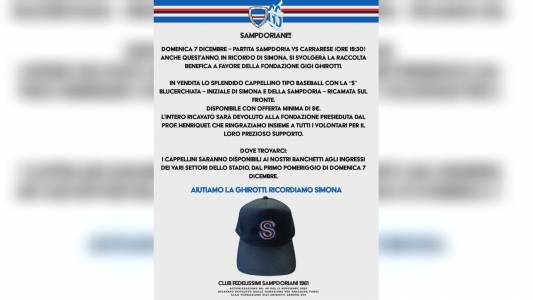 Sampdoria, il 7 dicembre in vendita i cappelli da baseball dei Fedelissimi per la "Ghirotti"