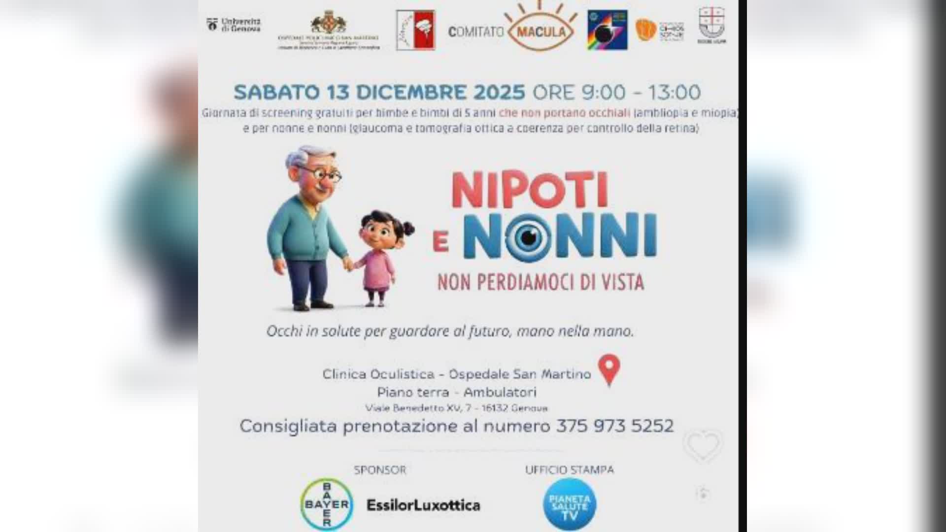 Screening gratuiti per nonni e nipoti: a San Martino il 13 dicembre giornata dedicata alla prevenzione visiva