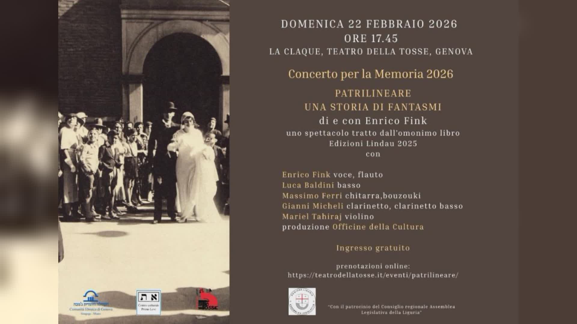 Genova, alla Claque del Teatro della Tosse il Concerto per la Memoria 2026: in scena “Patrilineare” di Enrico Fink