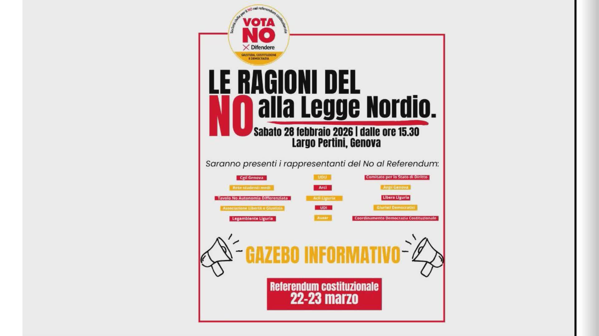 Genova, gazebo informativo del comitato per il 'no' sul referendum sulla giustizia: appuntamento il 28 febbraio in Largo Pertini