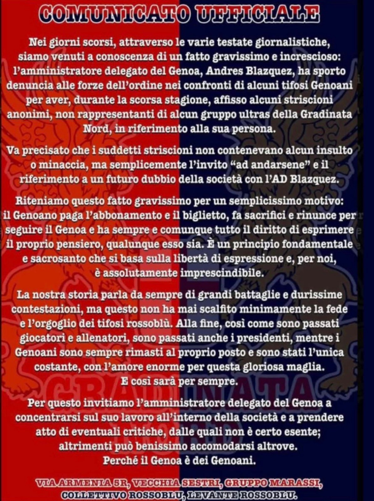 Blazquez denuncia alcuni tifosi, che replicano: "Fatto gravissimo, il Genoa è dei genoani"