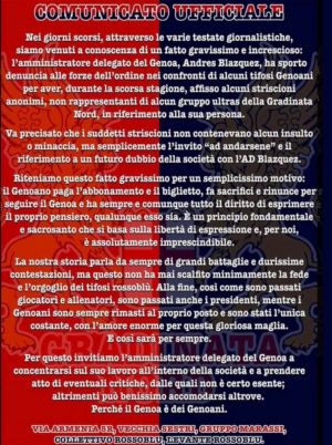Blazquez denuncia alcuni tifosi, che replicano: "Fatto gravissimo, il Genoa è dei genoani"