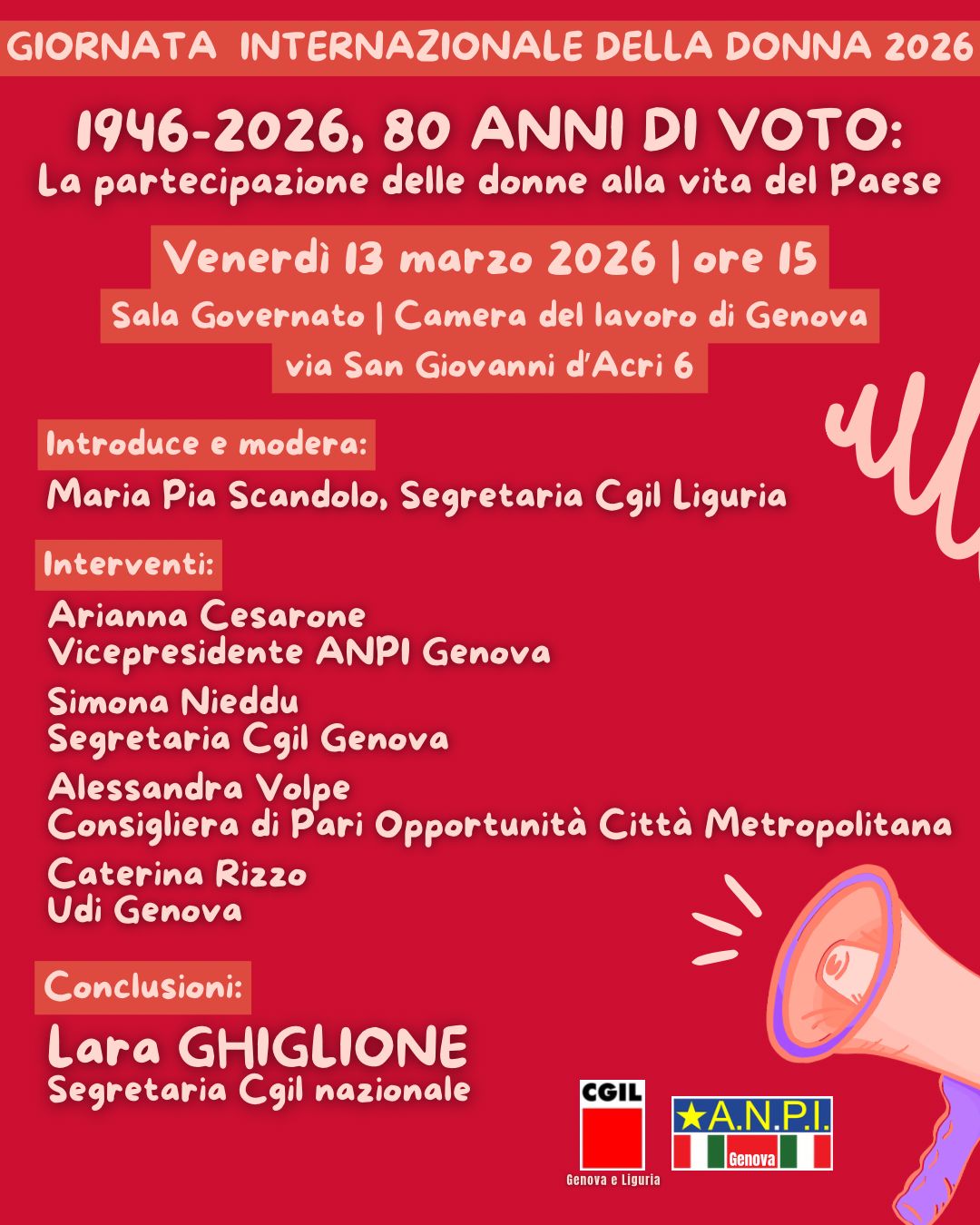 “1946 – 2026: 80 anni di voto. La partecipazione delle donne alla vita del Paese”. Venerdì l'incontro promosso da Cgil Genova e Liguria