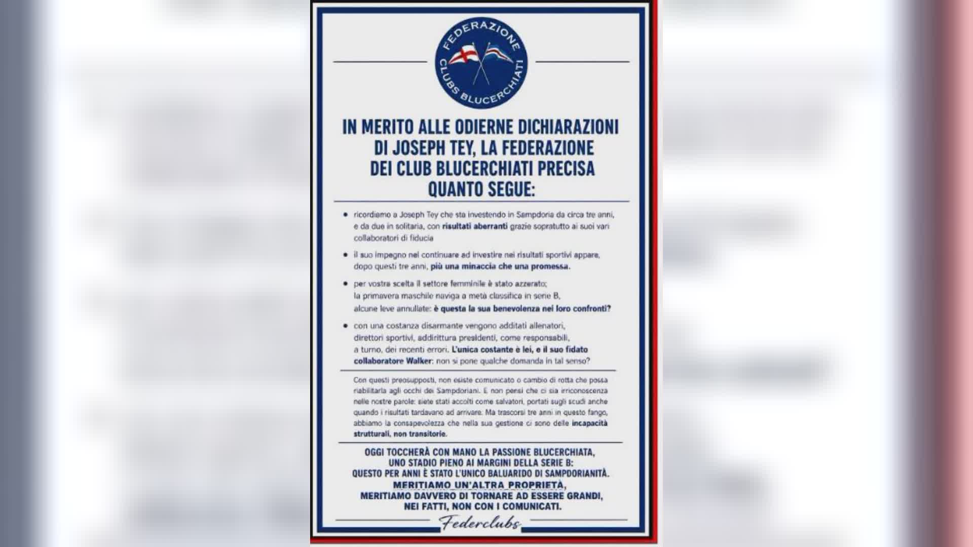 Sampdoria, i tifosi a Tey: “Risultati aberranti, le sue promesse appaiono minacce"