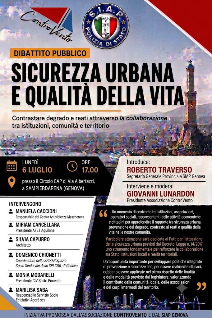 Genova, il 6 luglio dibattito pubblico sulla sicurezza promosso da Siap e Controvento
