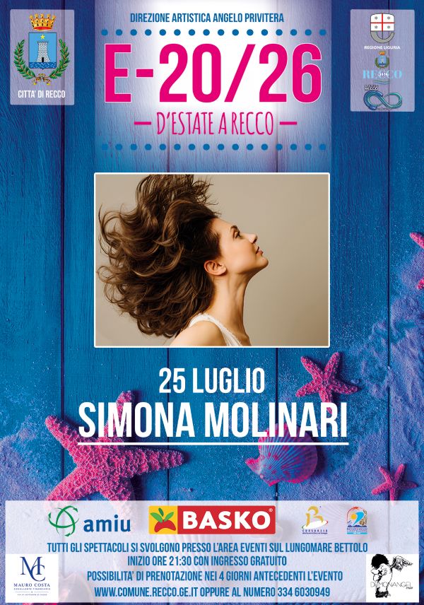 Recco, Simona Molinari inaugura sabato 25 luglio la rassegna "E-20/26": prenotazioni dal 21