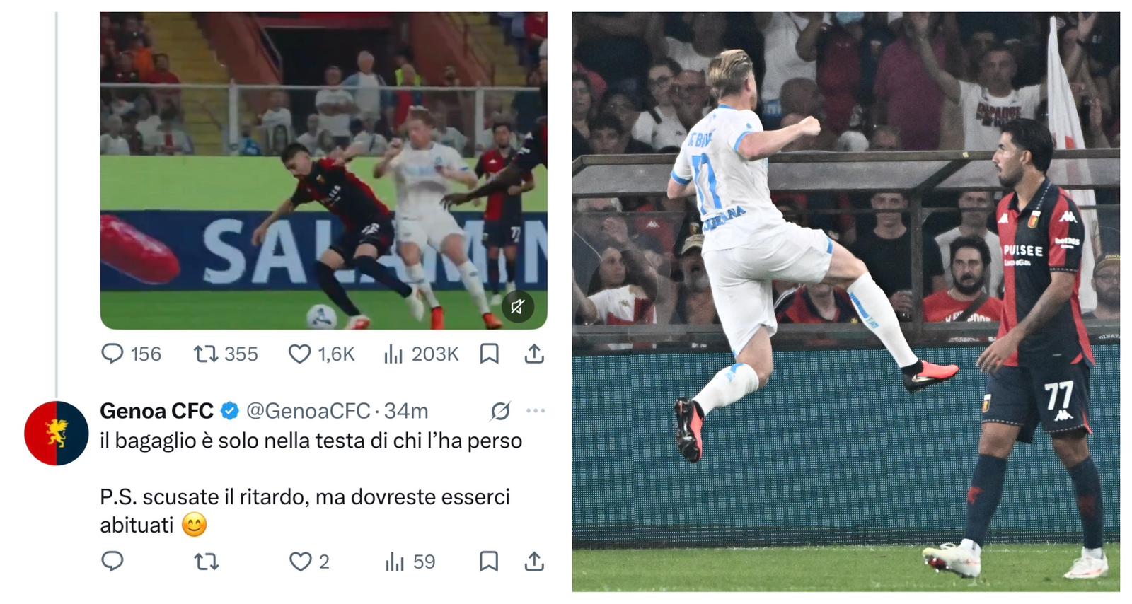 Il Genoa replica a Ryanair: "Il bagaglio è solo nella testa di chi lo ha perso. Ps: scusate il ritardo, ma dovreste esserci abituati"
