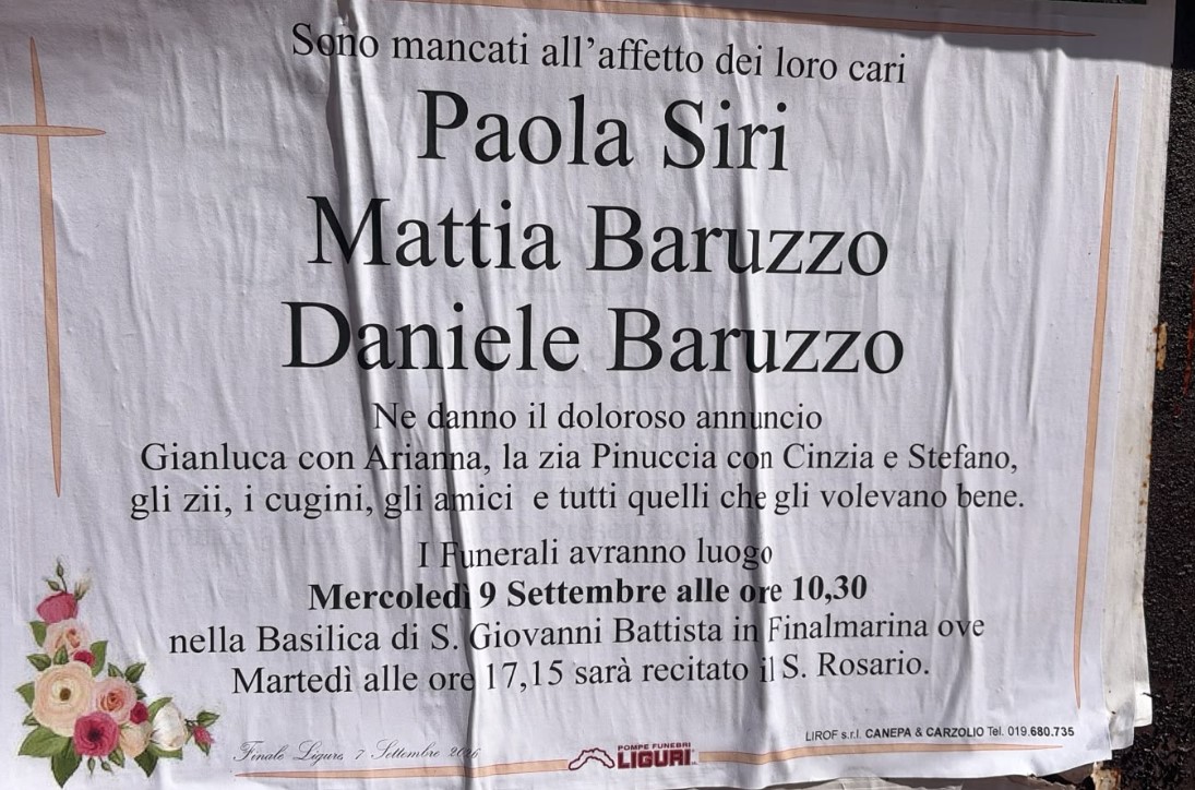 Tragedia di Finale Ligure: mercoledì alle 10.30 i funerali delle tre vittime