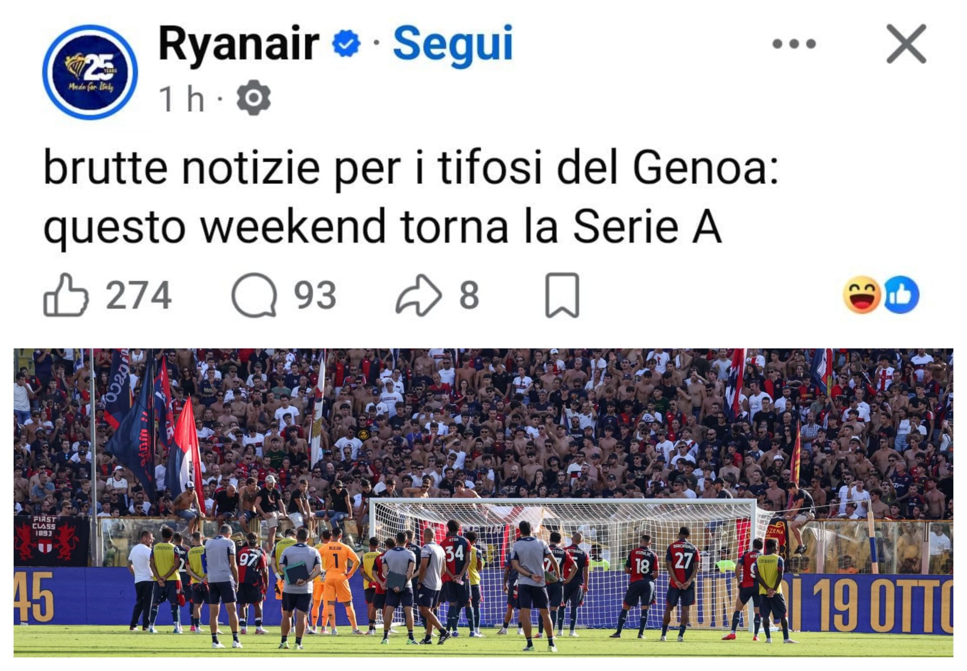 Genoa, altra provocazione di Ryanair: "Brutte notizie per i tifosi rossoblù, torna la serie A"