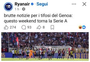 Genoa, altra provocazione di Ryanair: "Brutte notizie per i tifosi rossoblù, torna la serie A"