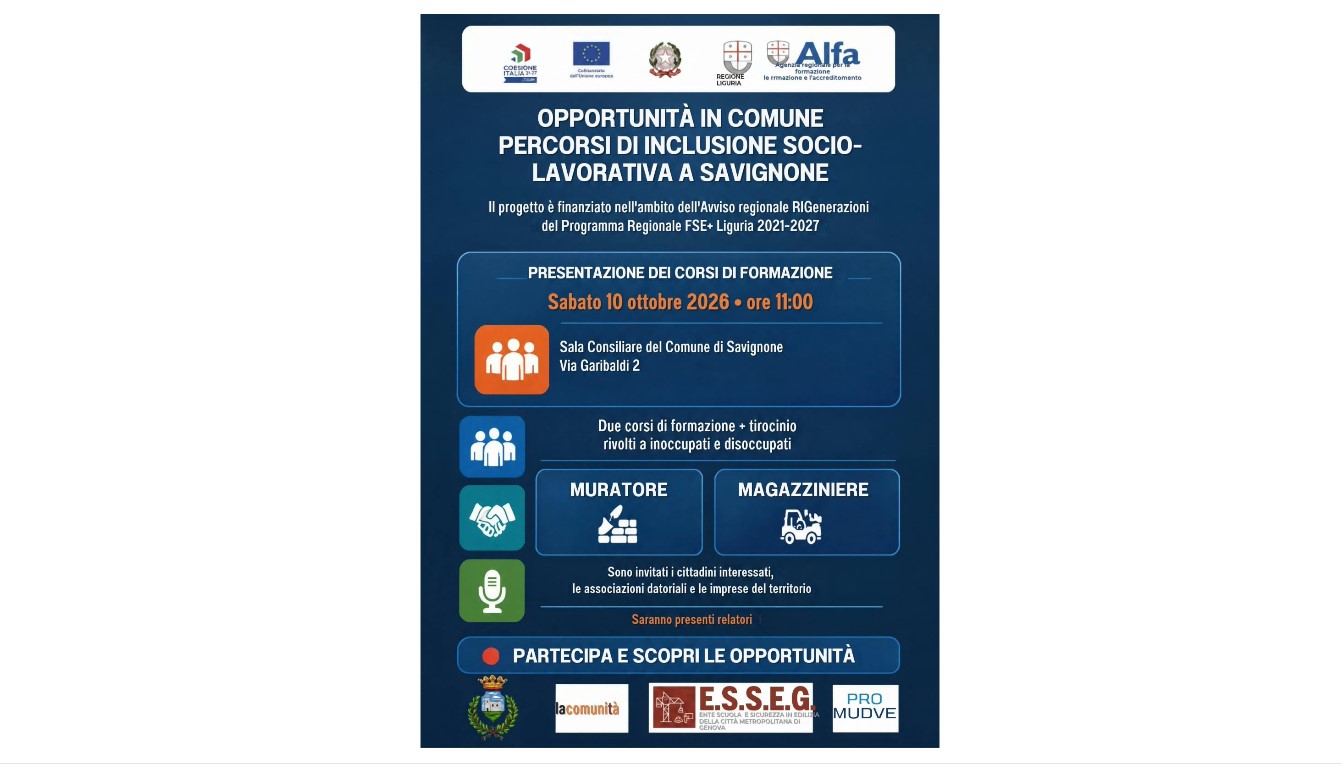 Savignone, due corsi gratuiti con tirocinio per muratori e magazzinieri