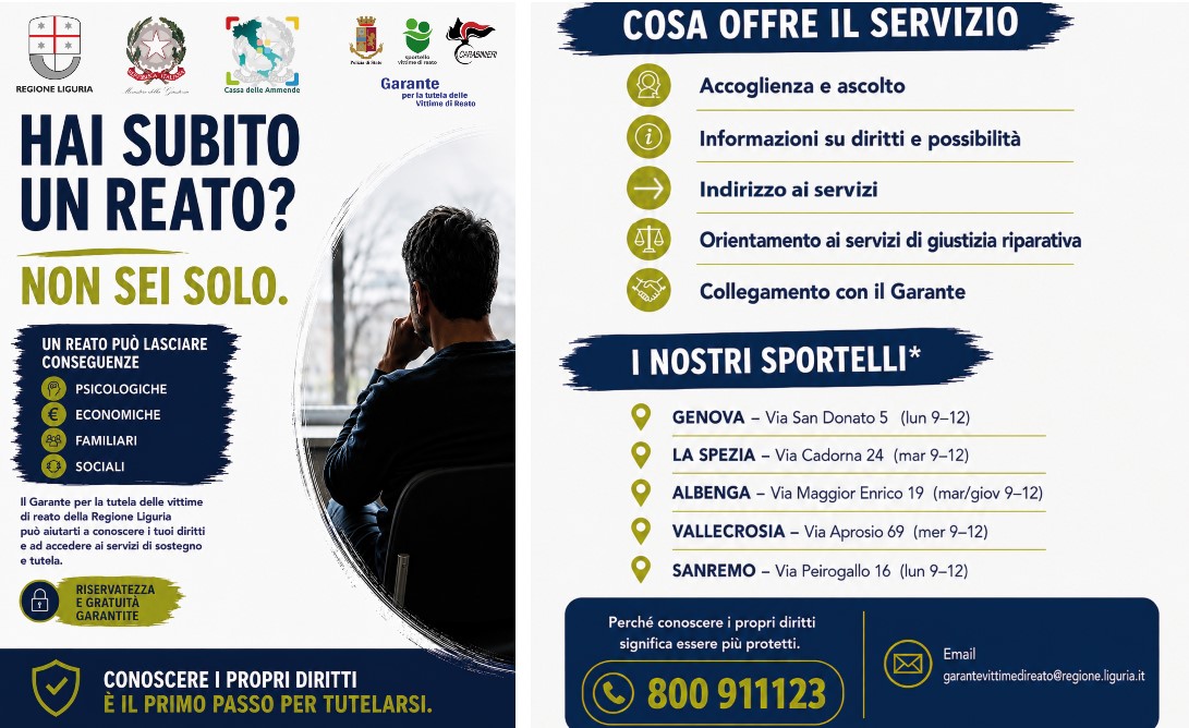 Vittime di reato, in Liguria una rete di sostegno: numero verde, sportelli e informazioni nelle caserme