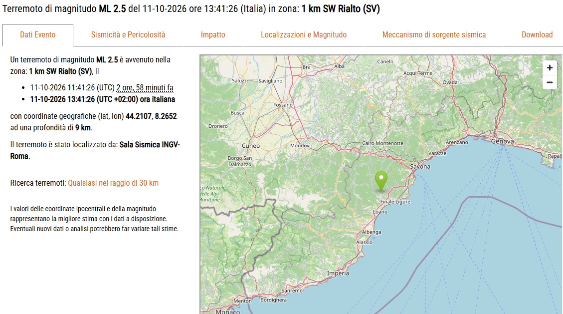 Savona, terremoto; scossa di magnitudo 2.5 vicino a Rialto, boato avvertito a Tovo San Giacomo
