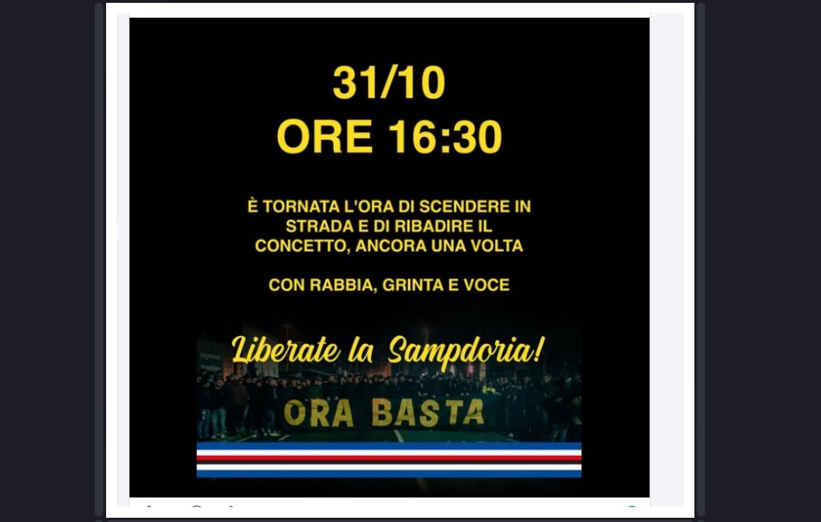 Sampdoria, alta tensione: tifosi in corteo il 31 ottobre alle 16,30, tre ore prima della partita con la Virtus Entella
